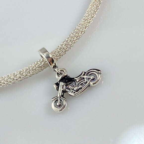 Silver with Black Enamel Motorcycle Dangle Charm - Picture 3 of 9